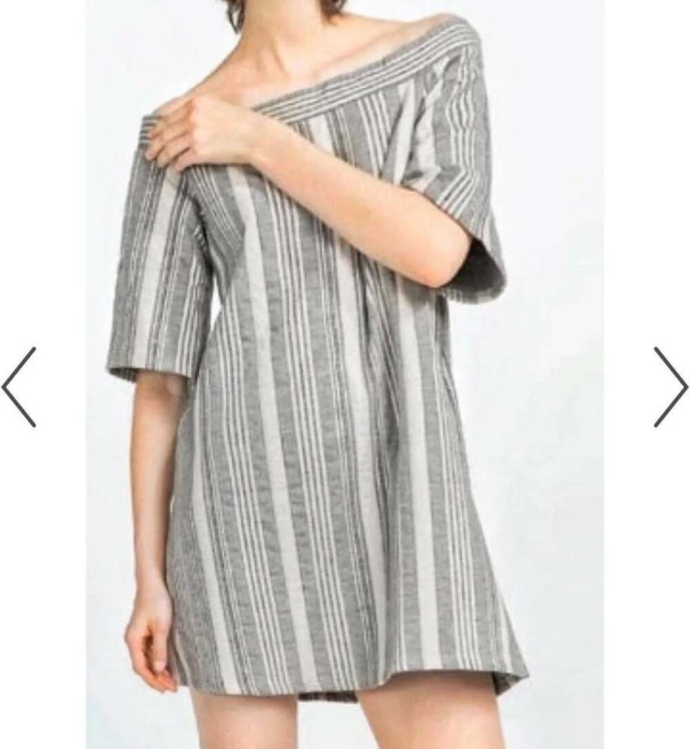 Zara Vertical Striped Off The Shoulder Short Sleeve Mini Dress Size L